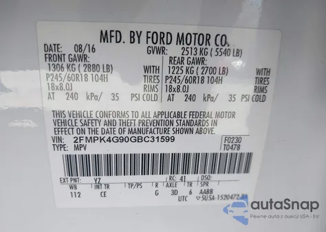 2016 Ford Edge Se из США, поврежденный, VIN 2FMPK4G90GBC31599